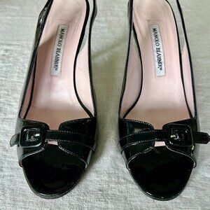 Manolo Blahnik Black Patent Slingback Heels Open Toe 39 / US 9